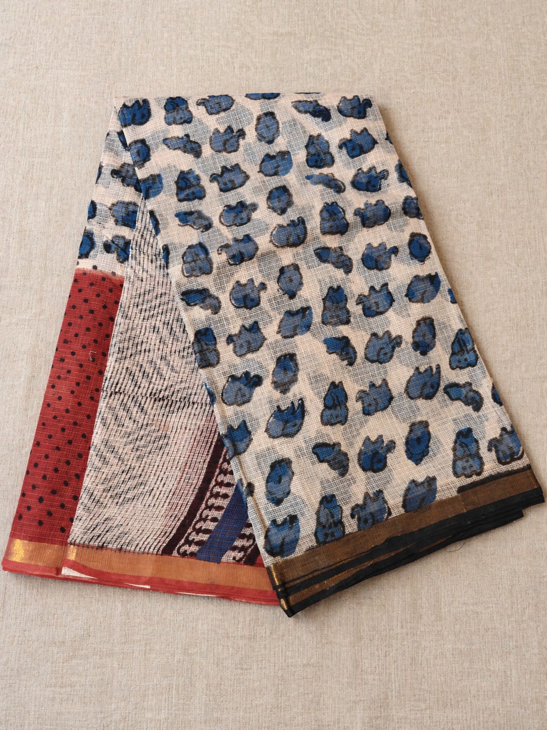 Hand Block Printed Kota Doria Sarees- Soft Beige