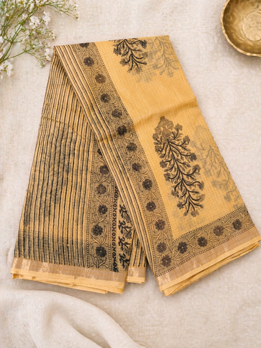Hand Block Printed Kota Doria Sarees- Soft Yellow