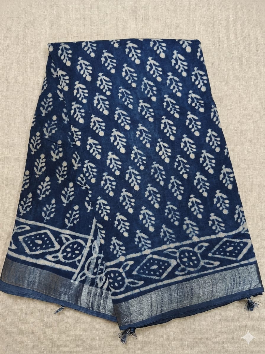 Block Print Saree with Zari Border-Indigo Magic