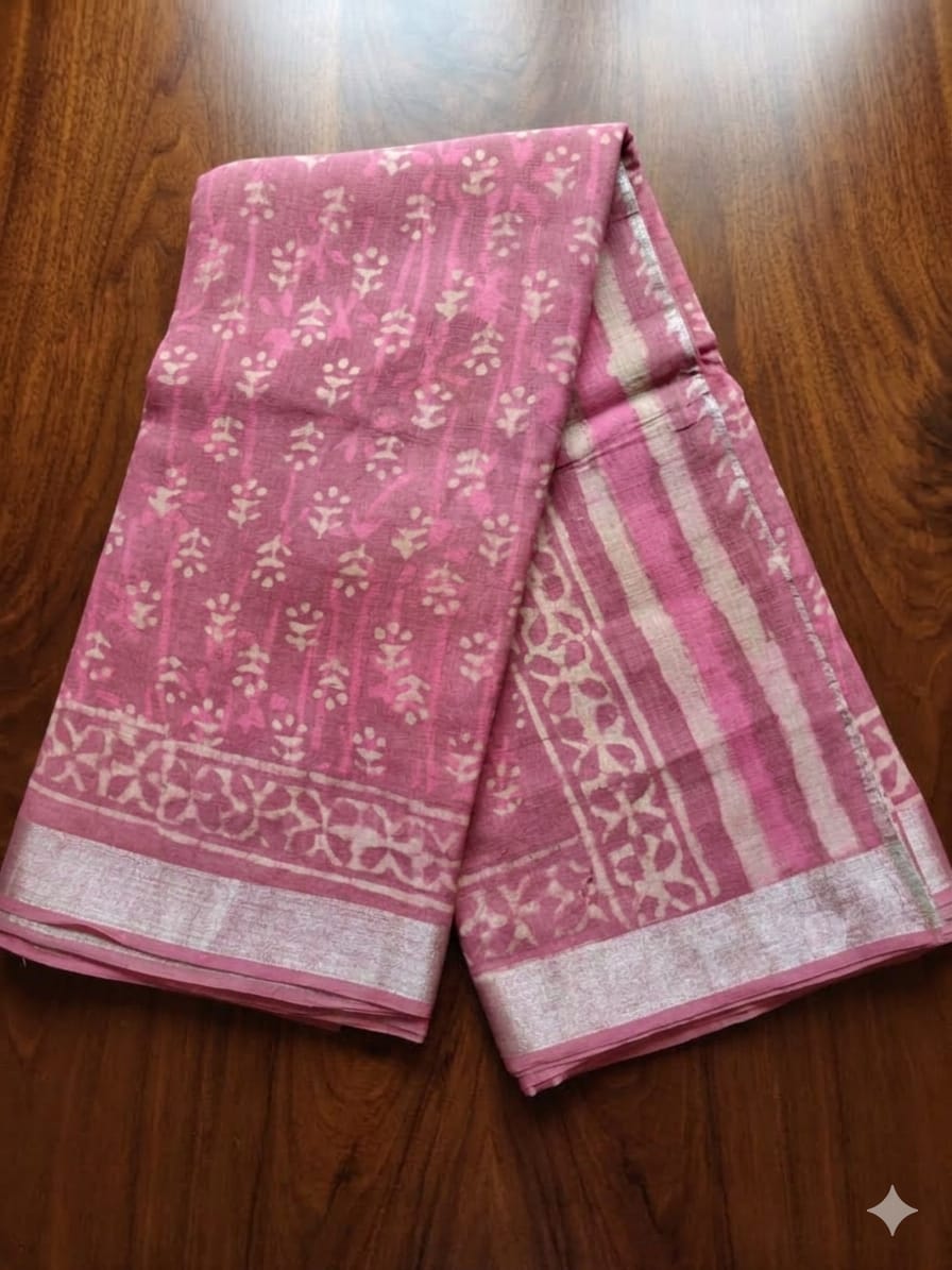Block Print Saree with Zari Border-Dusty Pink