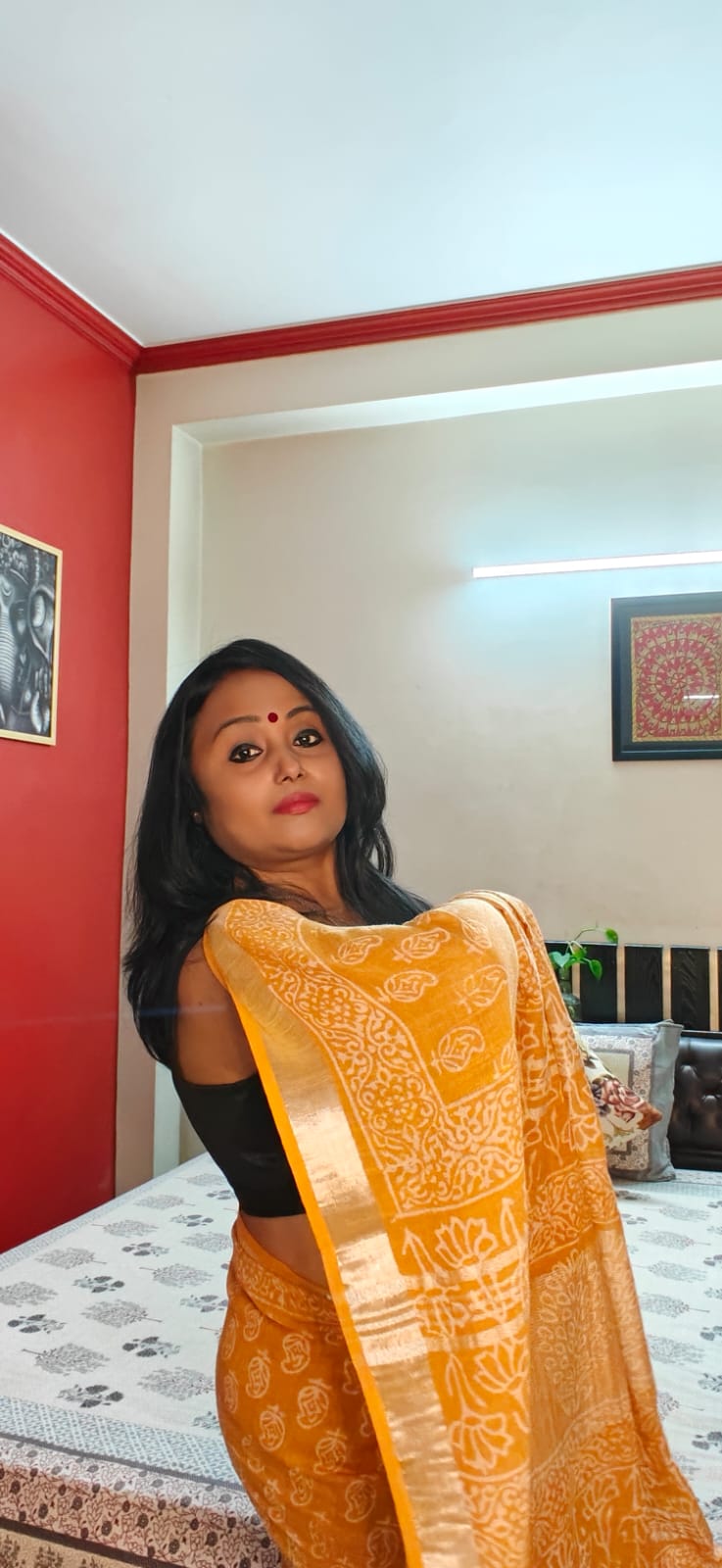 Mustard Yellow Block Print Saree with Zari Border | Shop By Abhinetri