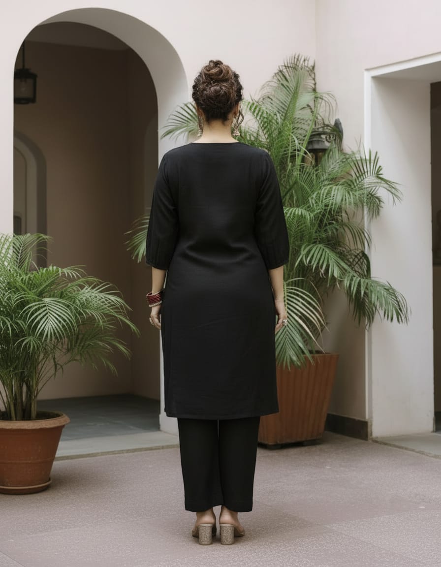 Cotton Embroidery everyday cord set-Midnight Black