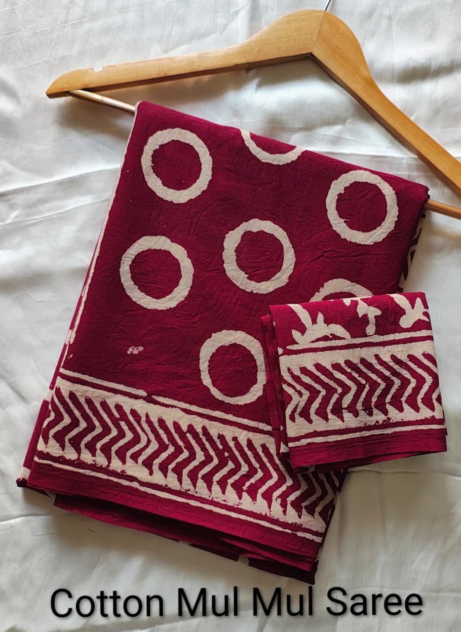 Deep Maroon Geometric Block Print Mul Cotton Saree | Shop By Abhinetri