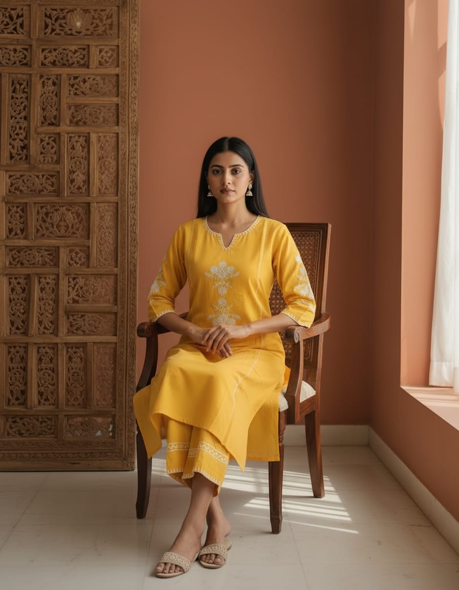 Cotton Embroidered everyday cord set-Sunny Yellow