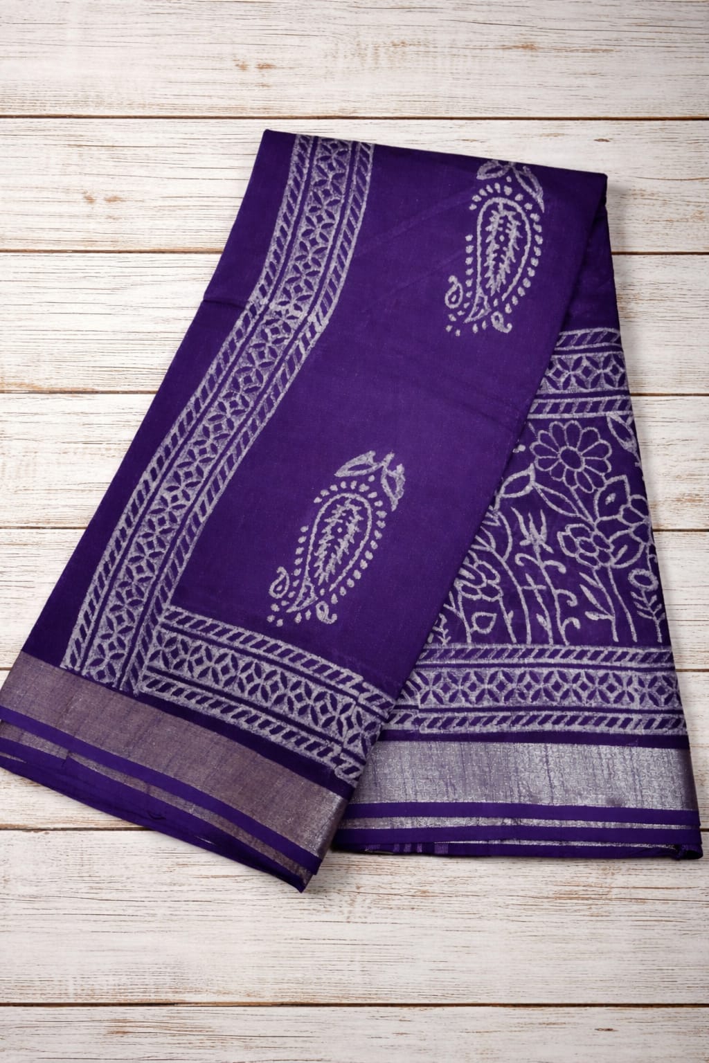 Block Print Saree with Zari Border-Pretty Purple