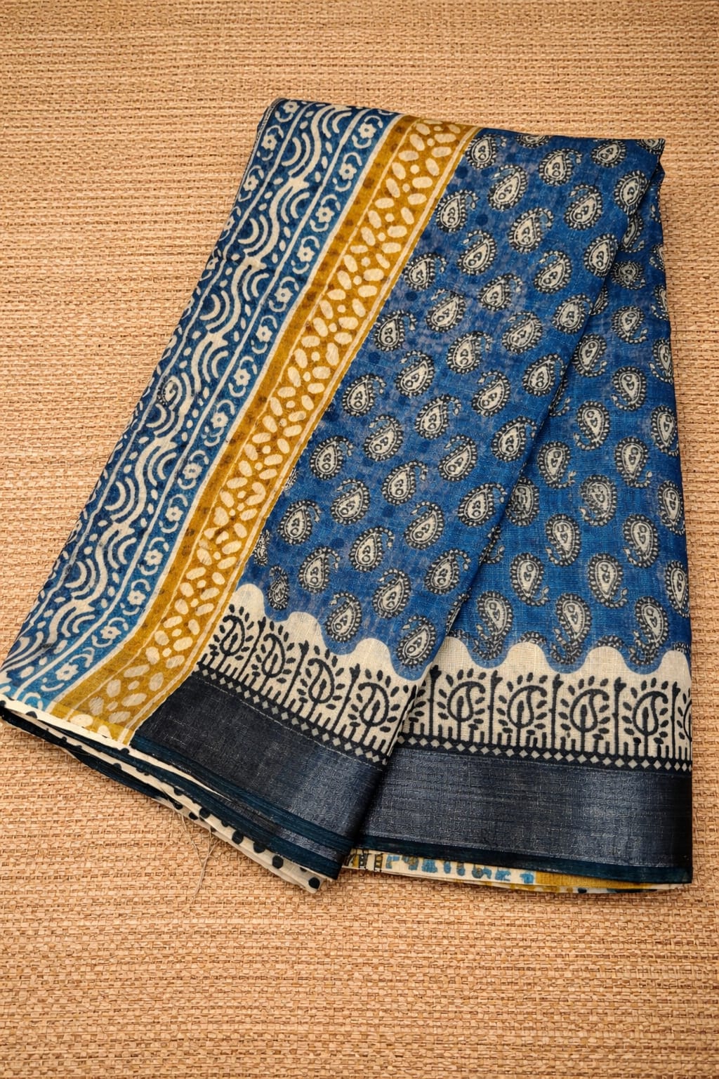 Block Print Saree with Zari Border-Prussian Blue
