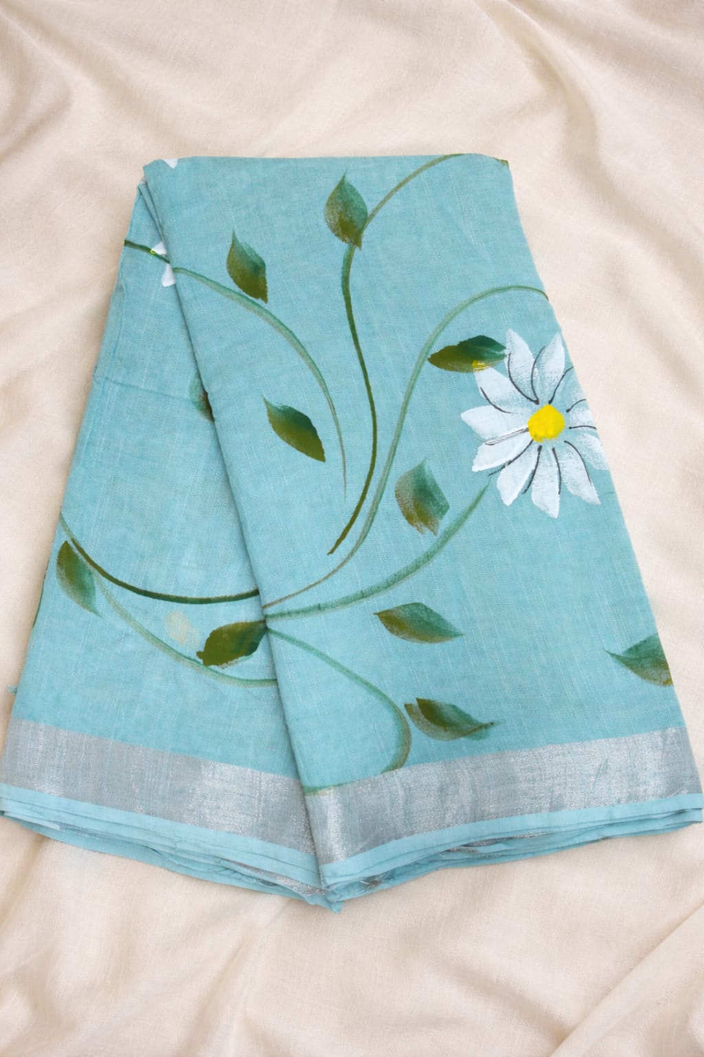 Hand Brush Print Saree with Zari Border-Aqua Blue