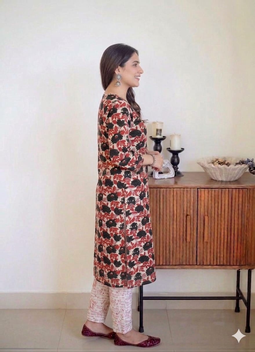 Cotton Floral Printed Co-ord Set-Crimson