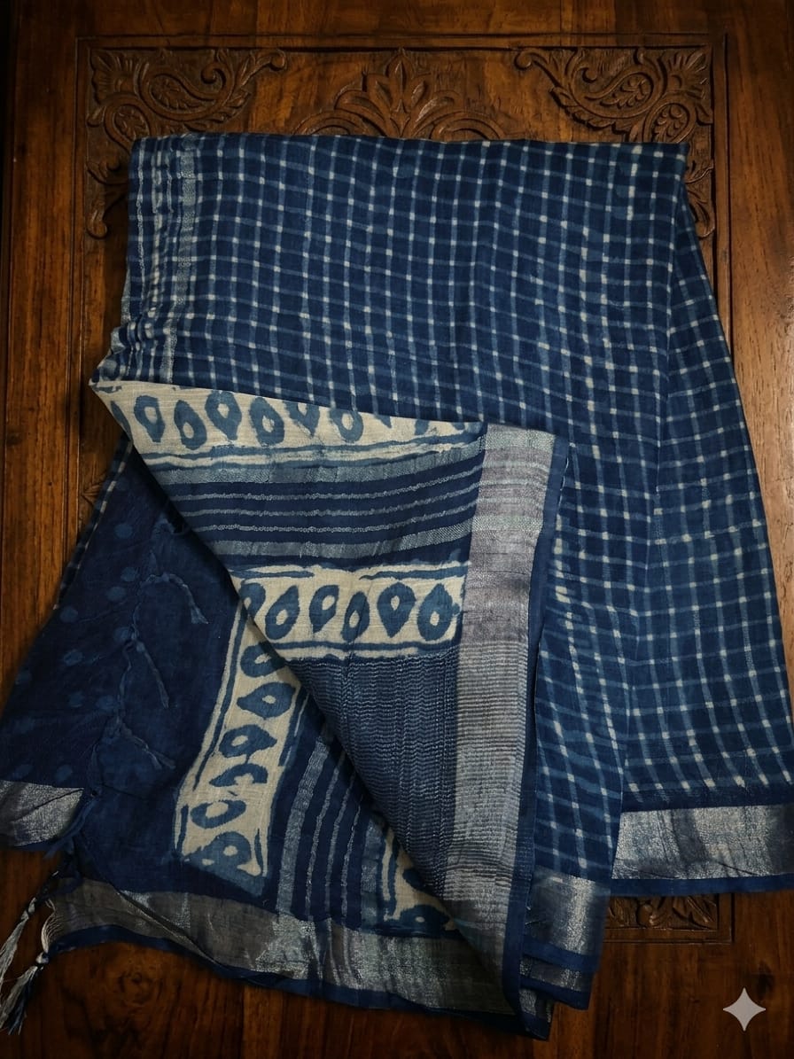 Block Print Saree with Zari Border- Indigo