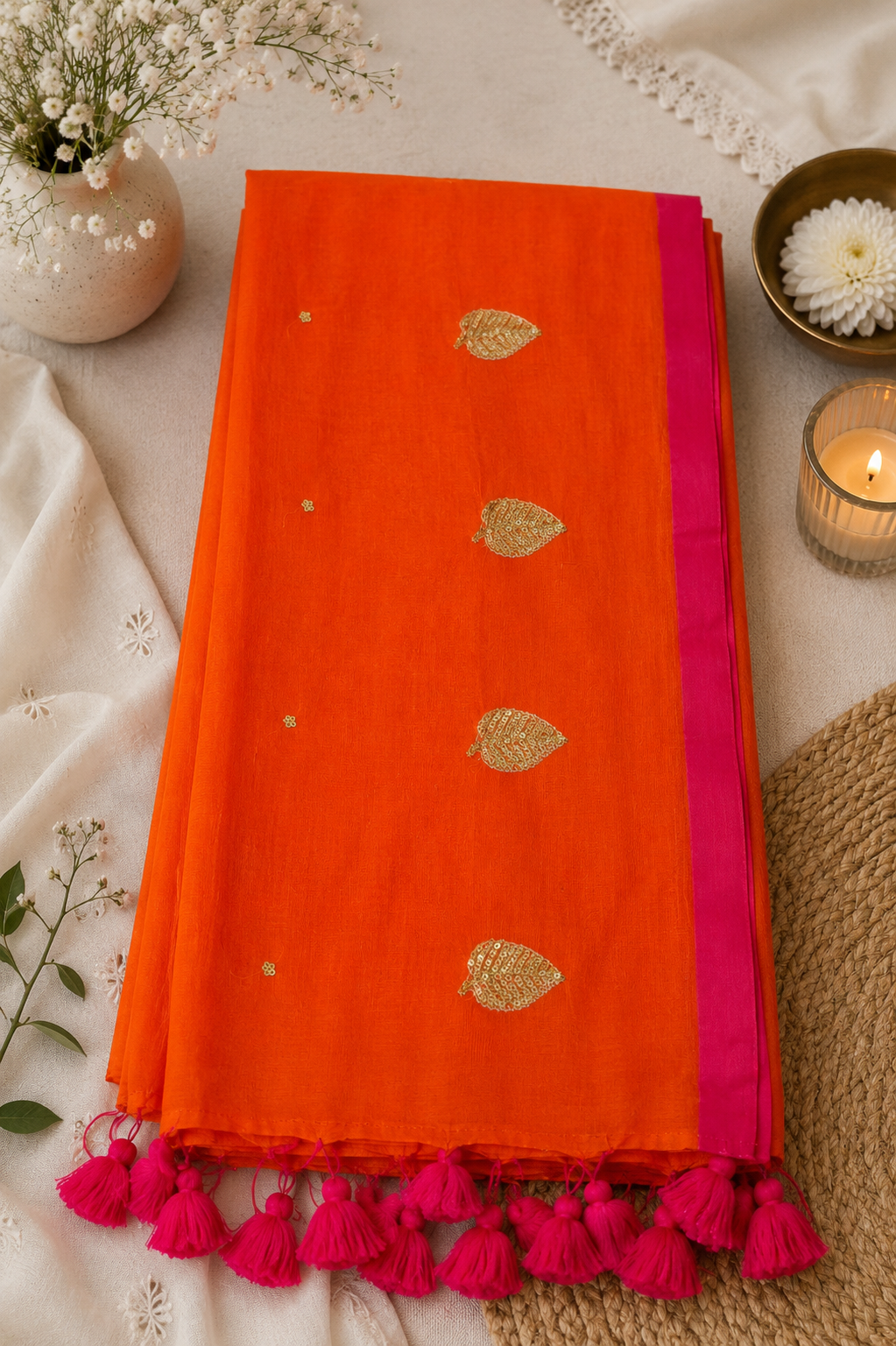 Striking Orange Leaf Sequin Mulmul Cotton Saree | Shop By Abhinetri