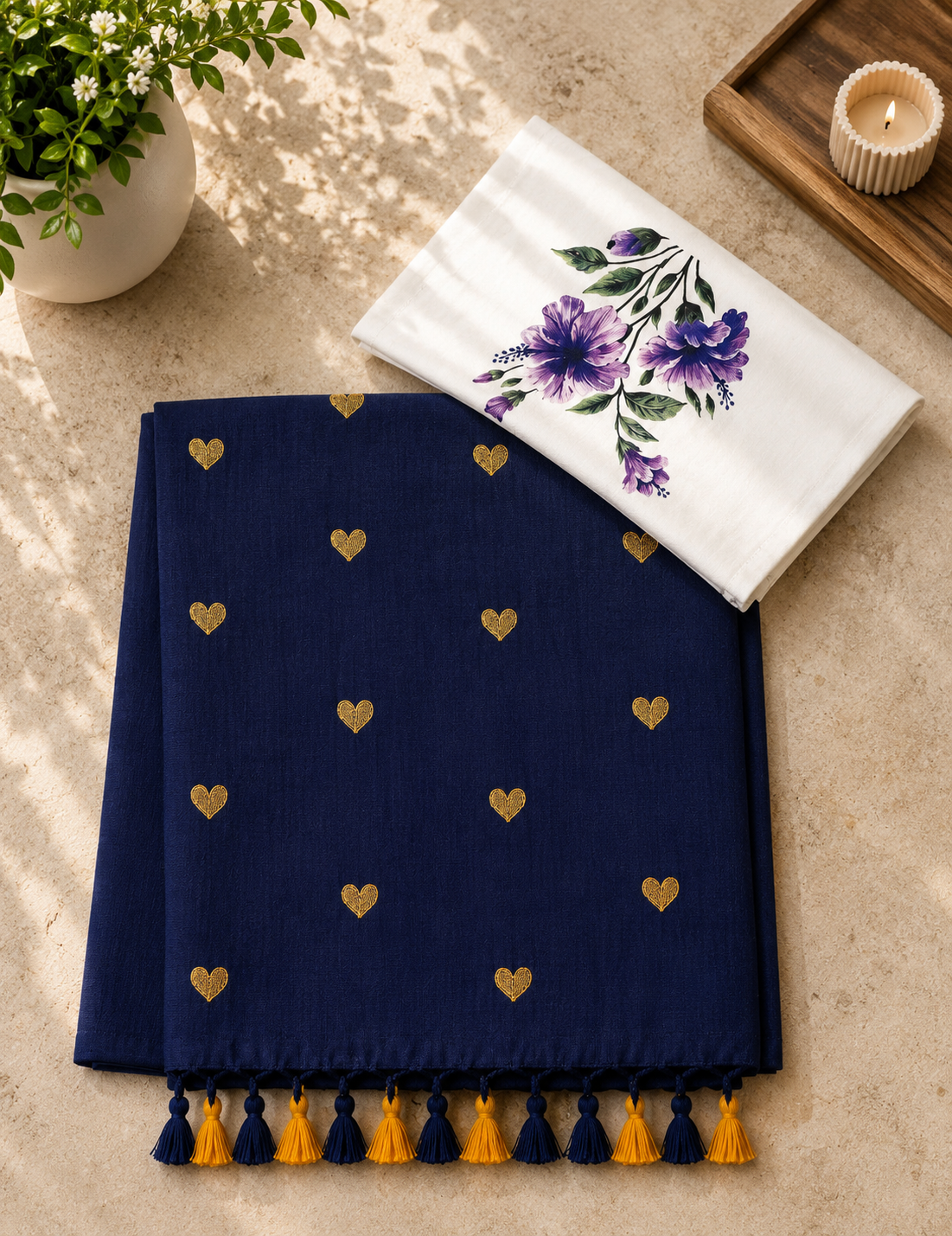 Dark Purple Heart Embroidered Khadi Cotton Saree | Shop By Abhinetri