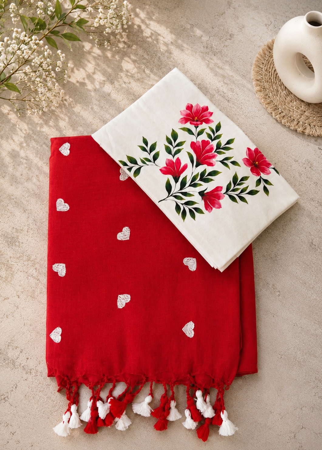 Romantic Red Heart Embroidered Khadi Cotton Saree | Shop By Abhinetri