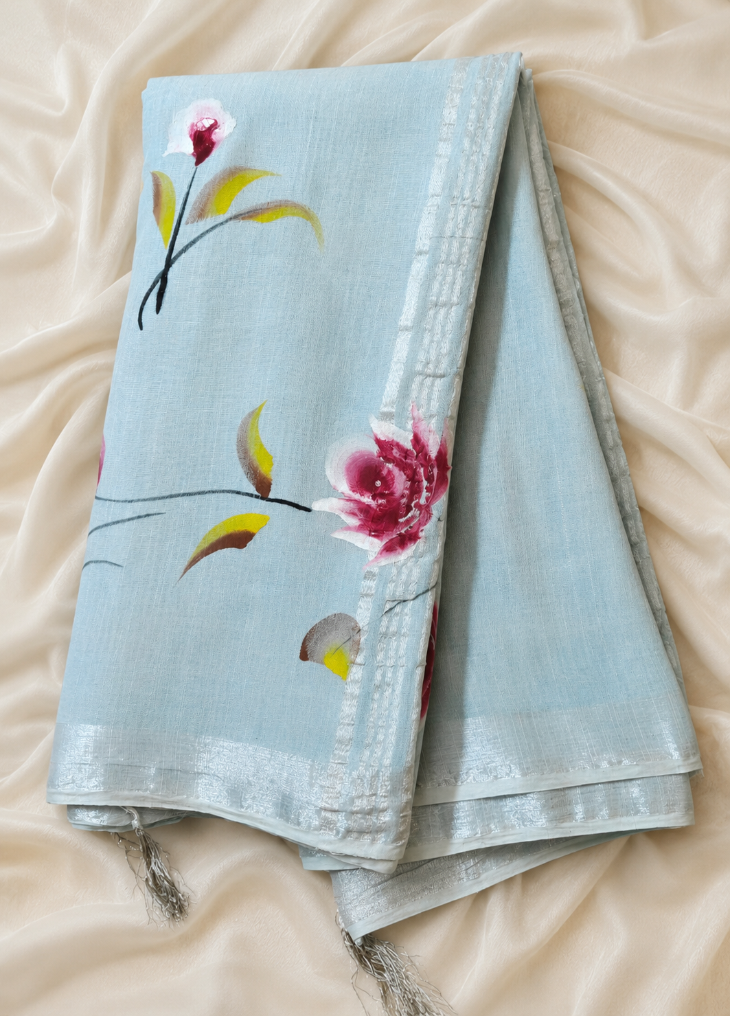 Hand Brush Print Saree with Zari Border -Light Blue