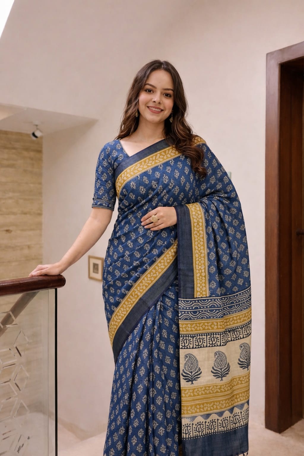 Block Print Saree with Zari Border-Prussian Blue