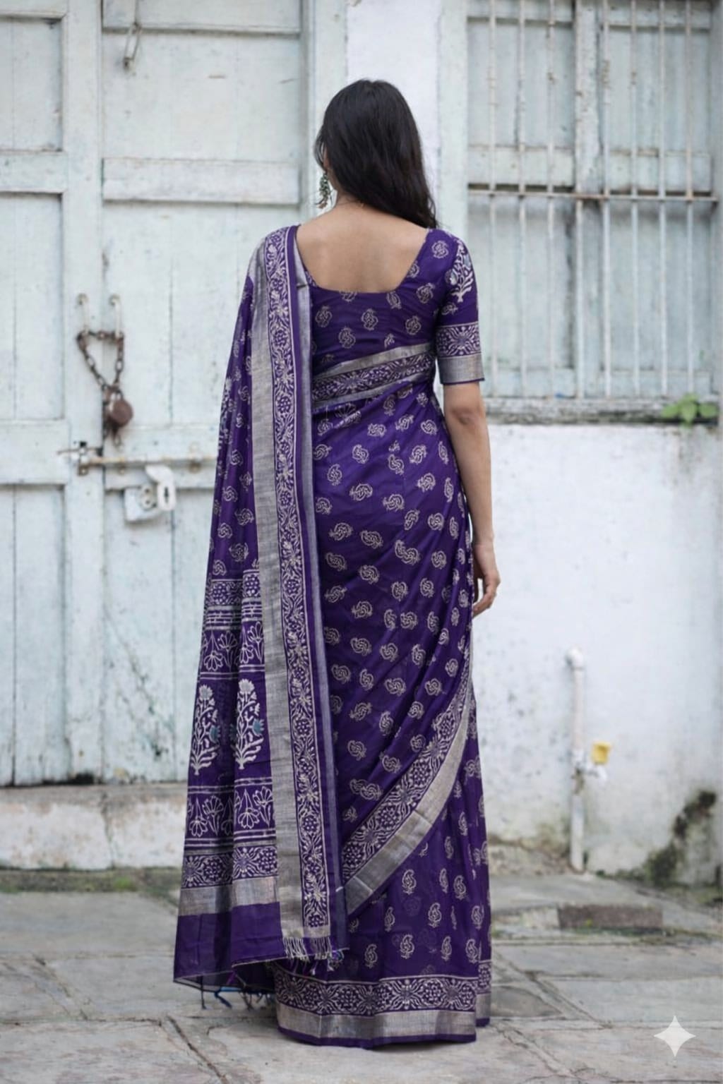 Block Print Saree with Zari Border-Pretty Purple