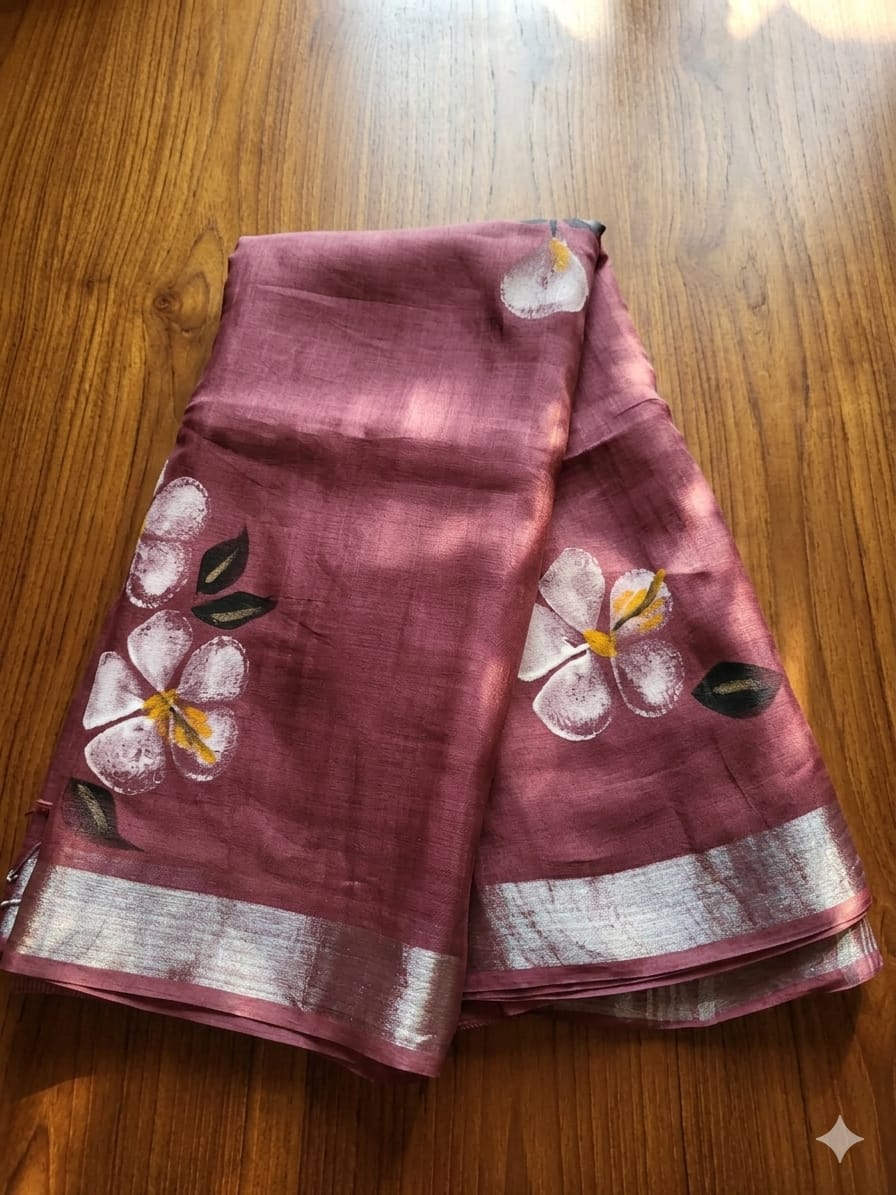 Hand Brush Print Saree with Zari Border-Dusty Pink