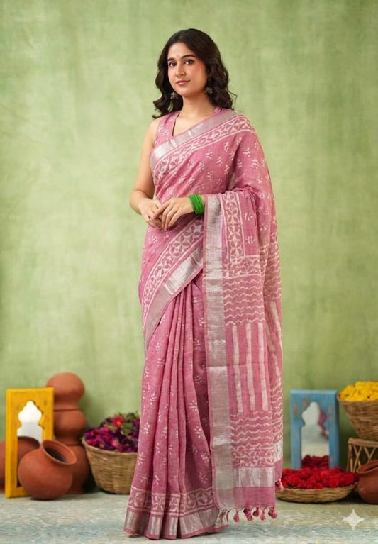 Block Print Saree with Zari Border-Dusty Pink