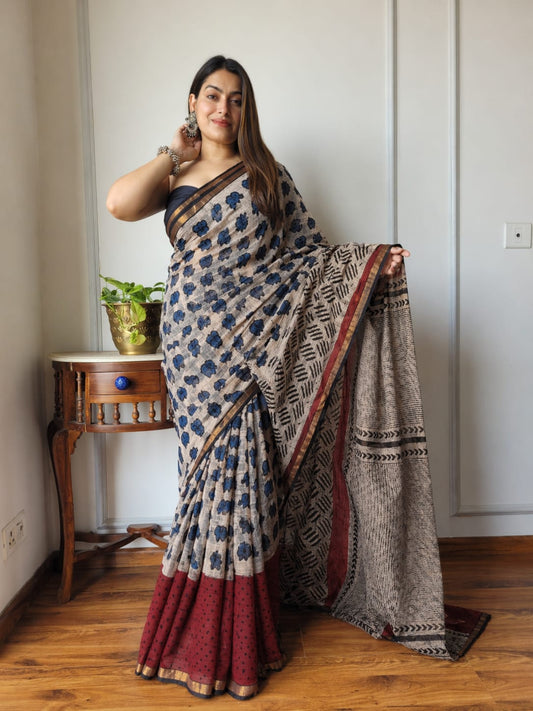 Hand Block Printed Kota Doria Sarees- Soft Beige