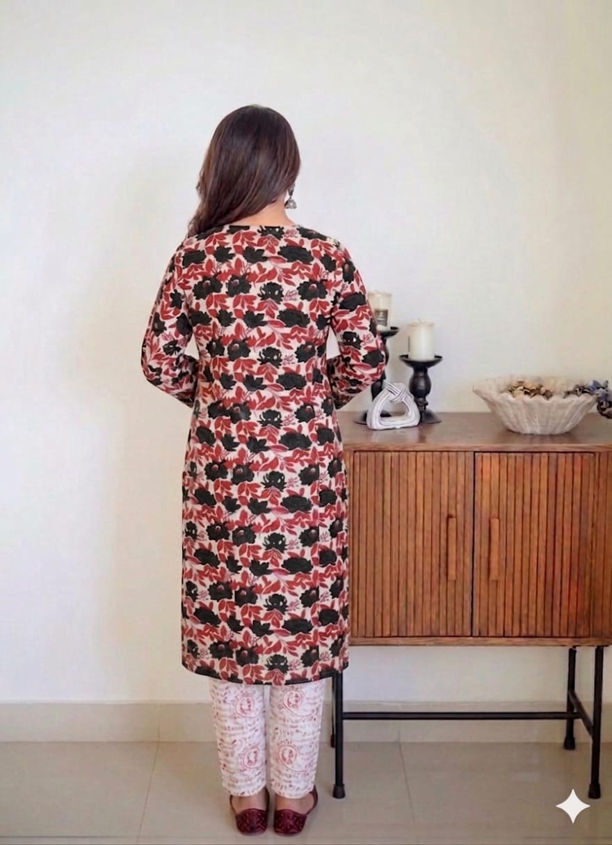 Cotton Floral Printed Co-ord Set-Crimson