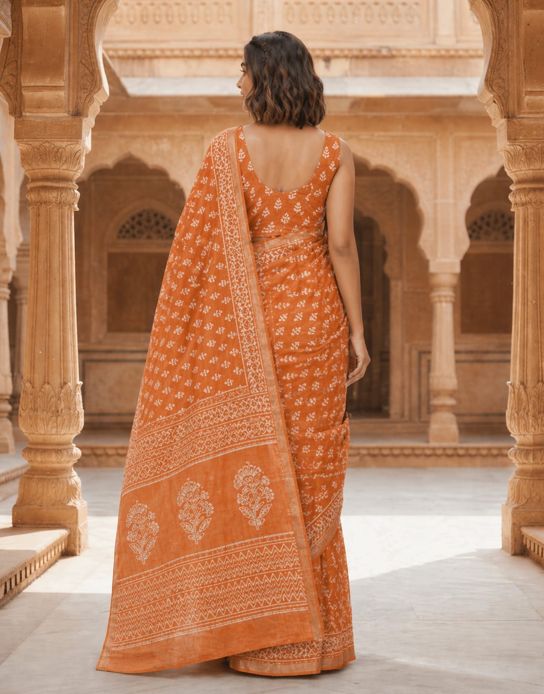 Hand Block Printed Kota Doria Sarees- Warm Orange