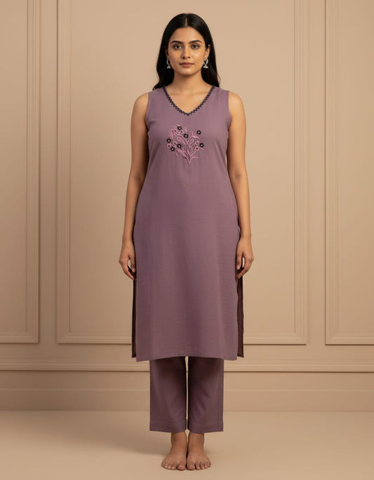 Cotton V neck Embroidery everyday cord set-Soft Lavender