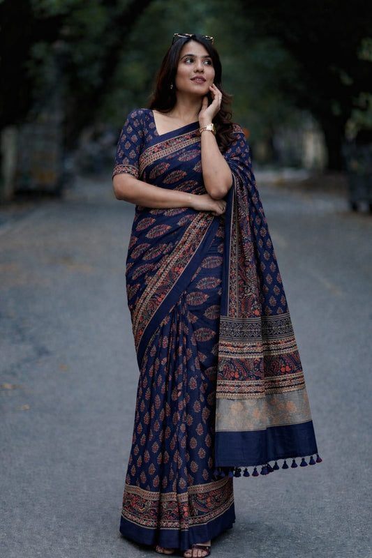 Block Print Saree with Zari Border- Intense Navy