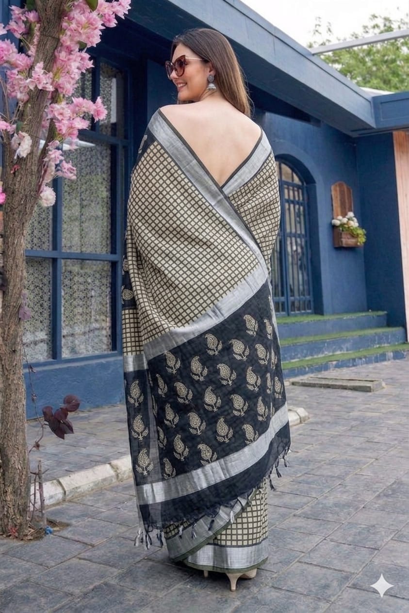 Block Print Saree with Zari Border-Black Magic