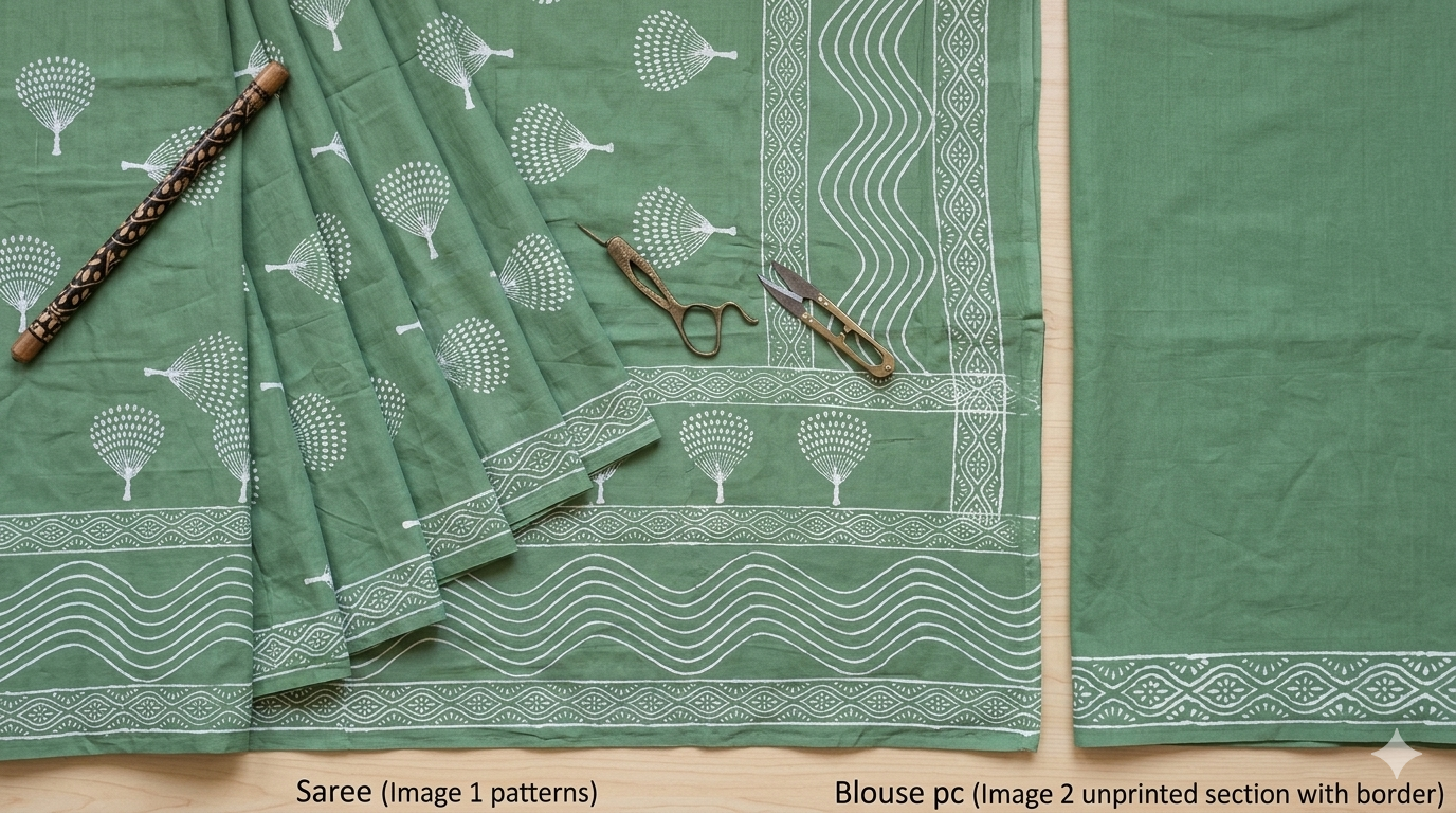 Light Green Tree of Life Block Print Mul Cotton Saree | Shop By Abhinetri