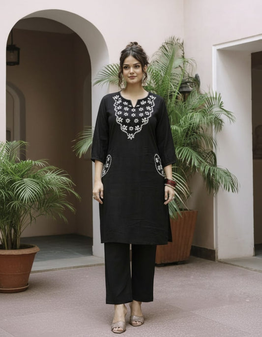 Cotton Embroidery everyday cord set-Midnight Black