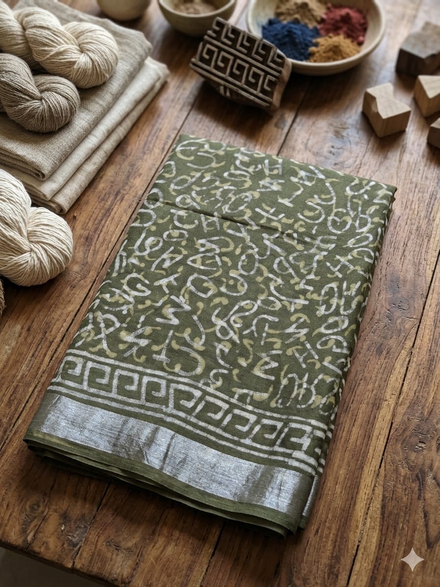 Block Print Saree with Zari Border-Olive