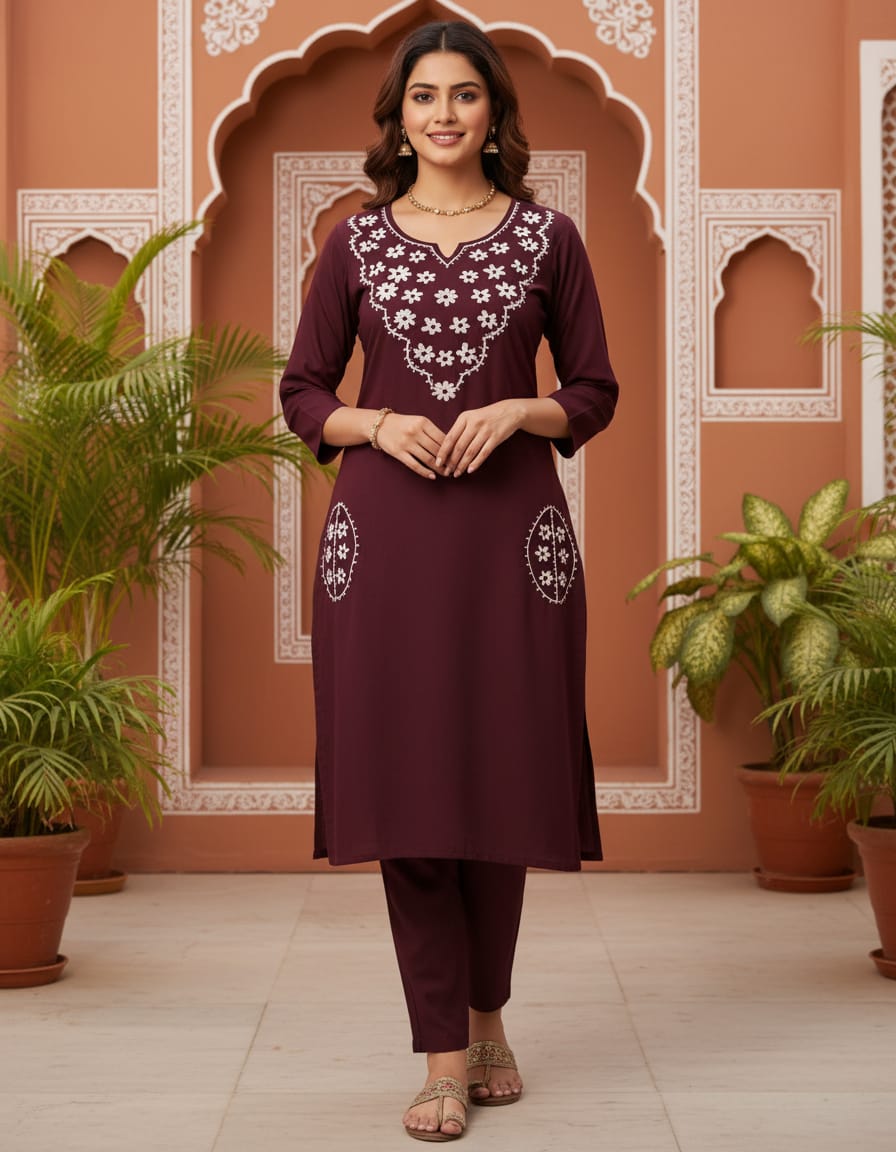 Cotton embroidered everyday co-ord set-Gorgeous Wine