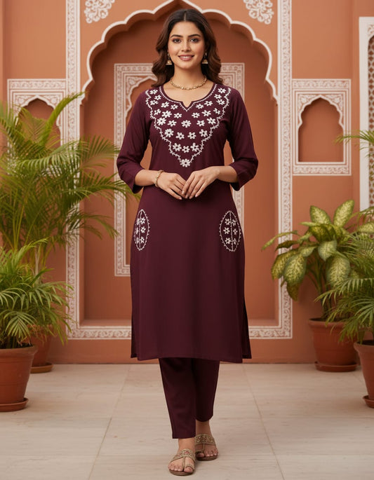 Cotton embroidered everyday co-ord set-Gorgeous Wine