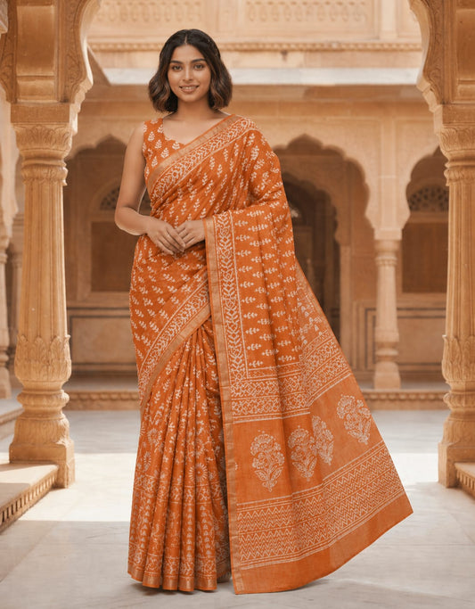Hand Block Printed Kota Doria Sarees- Warm Orange