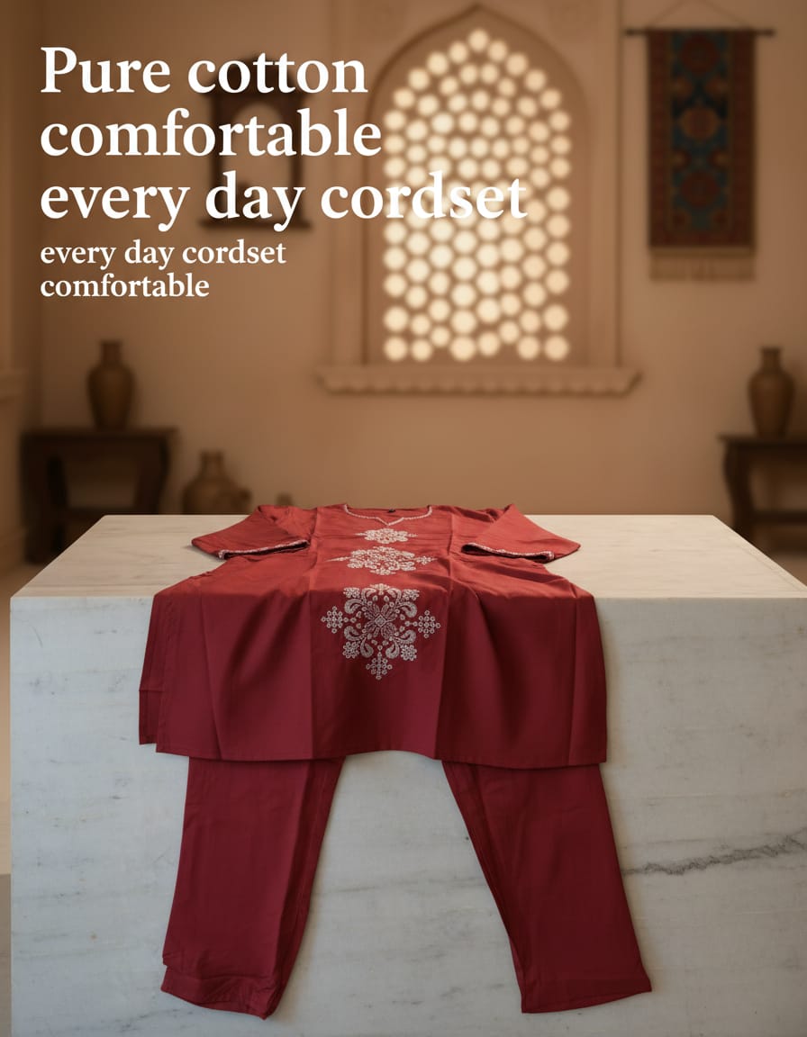 Cotton Embroidered everyday cord set-Sparkling Merlot