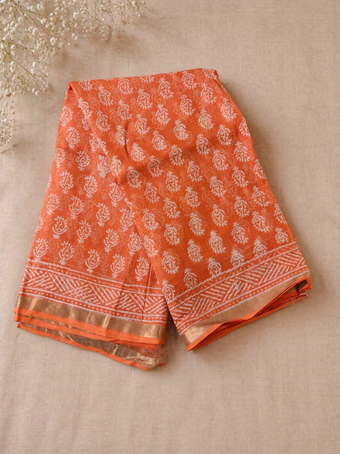 Hand Block Printed Kota Doria Sarees- Warm Orange