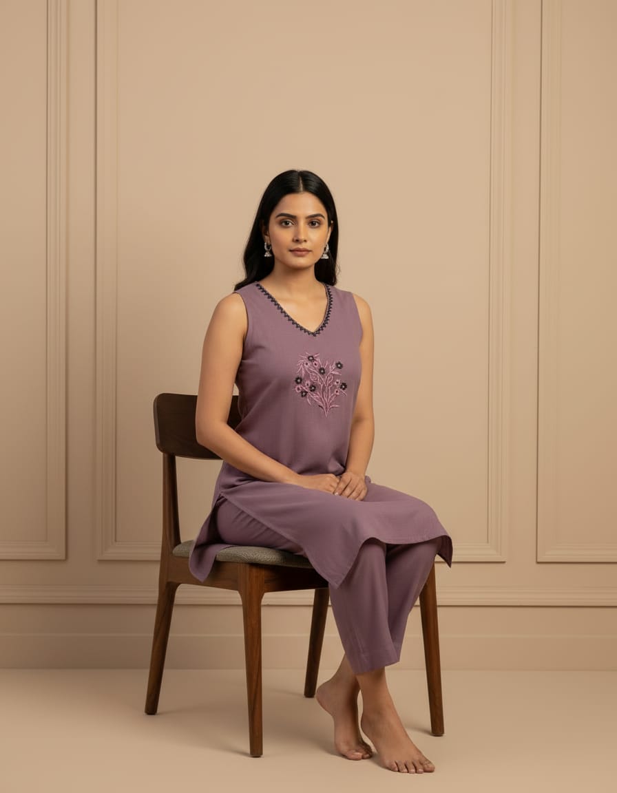Cotton V neck Embroidery everyday cord set-Soft Lavender