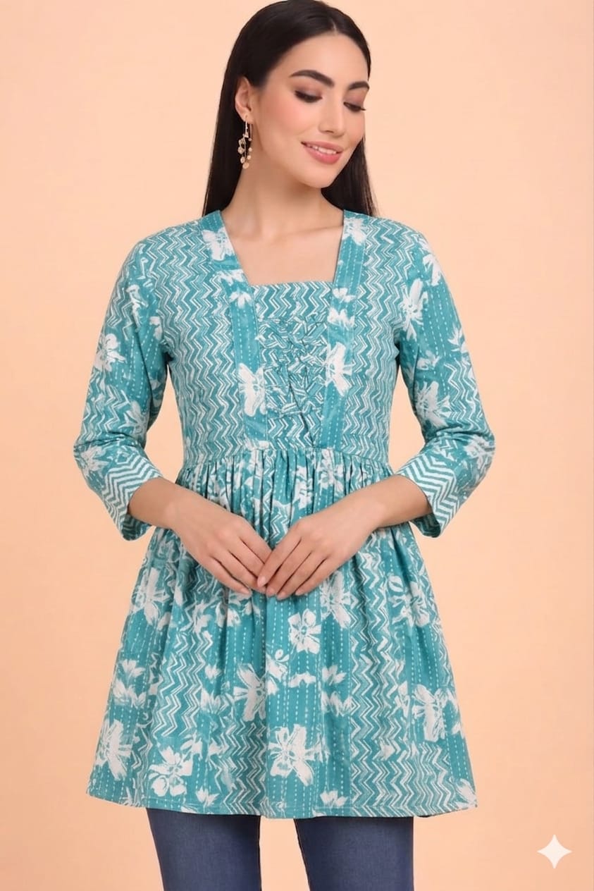 Cotton Flared Summer Kurti- Calm Turqoise