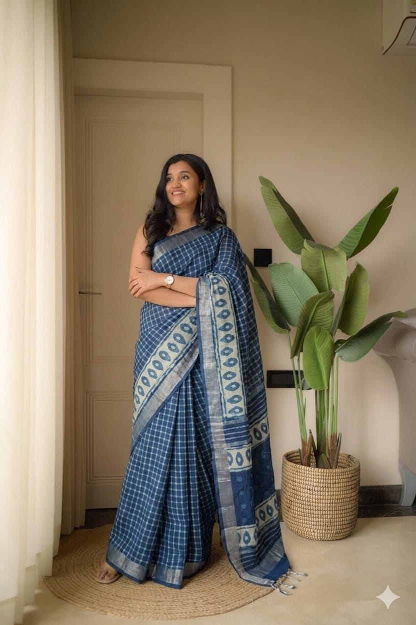 Block Print Saree with Zari Border- Indigo