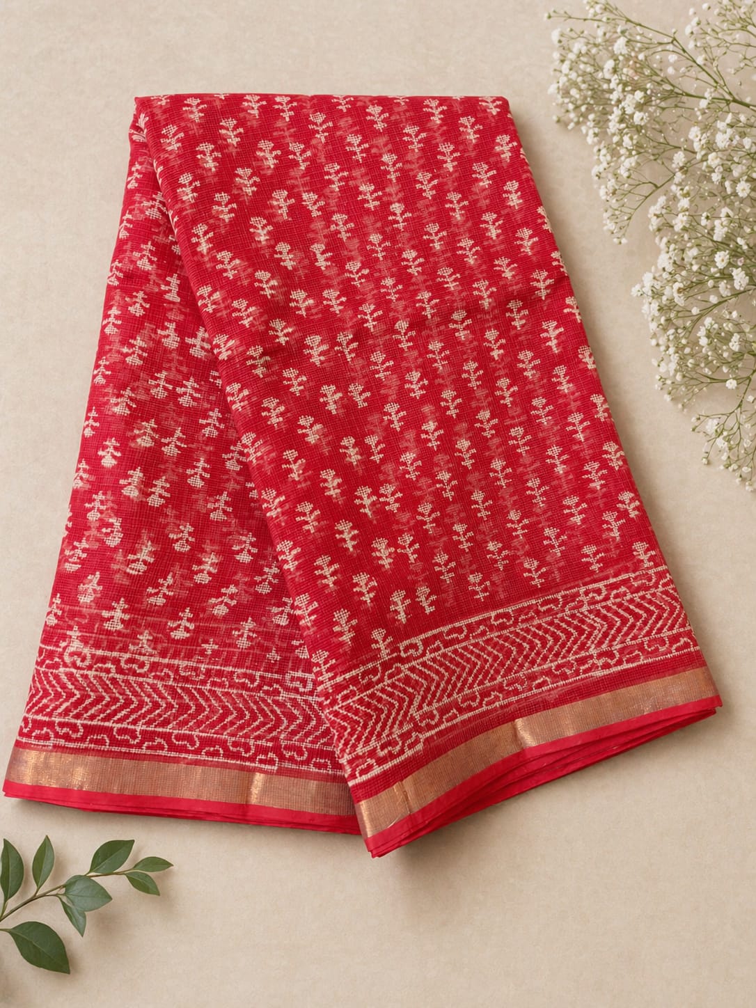 Hand Block Printed Kota Doria Sarees- Poppy red