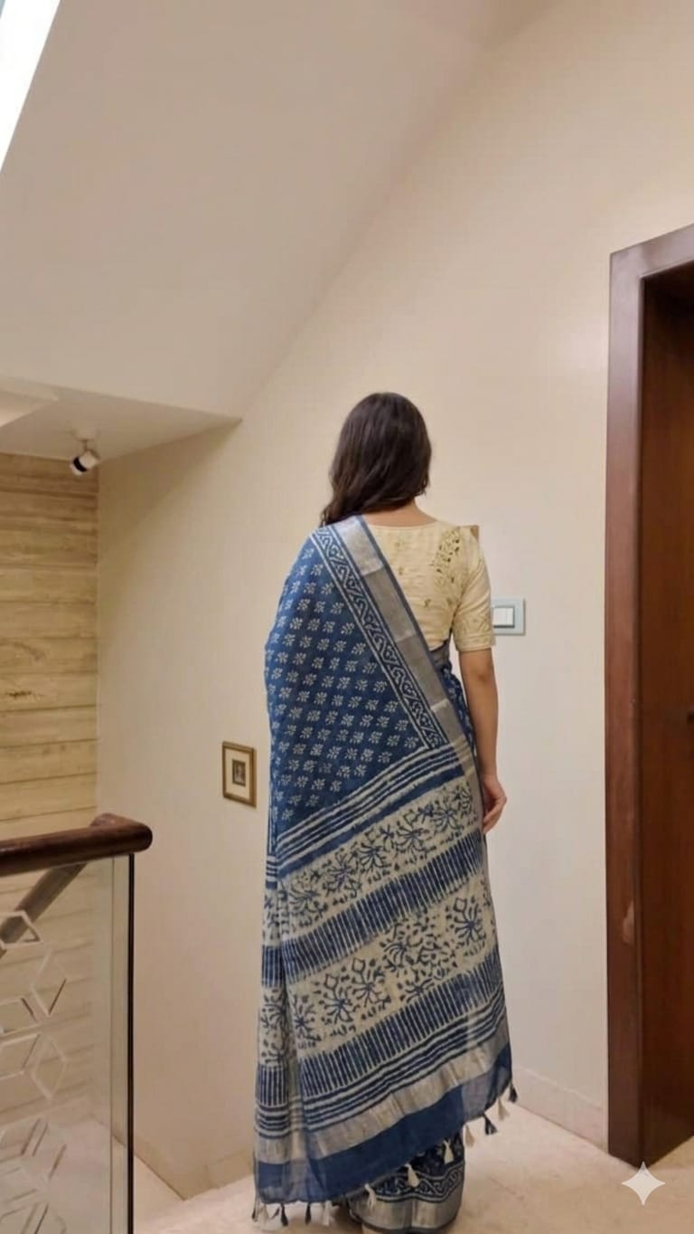 Block Print Saree with Zari Border-Indigo Magic
