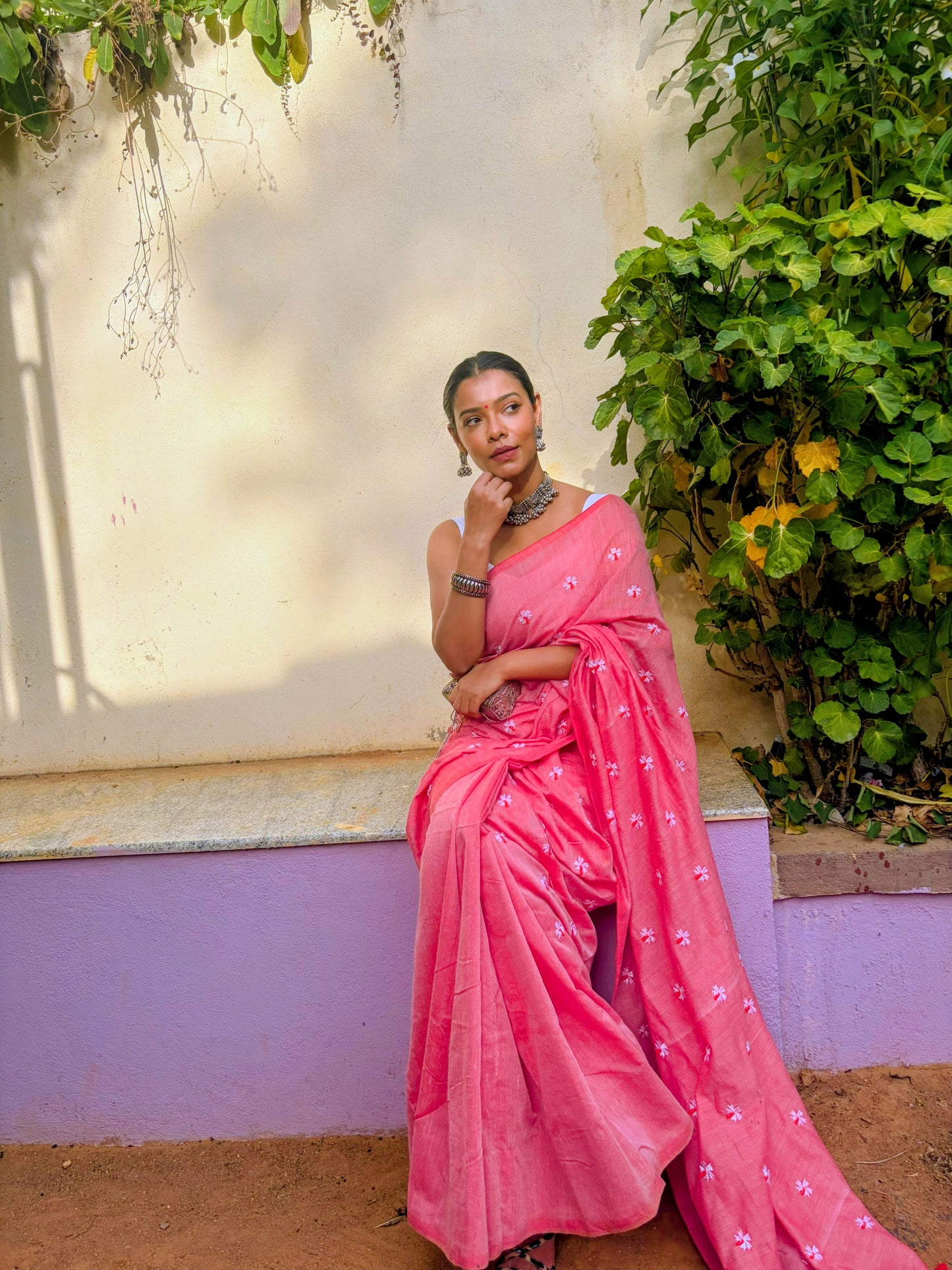 Pink Floral Embroidered Khadi Cotton Saree | Shop By Abhinetri