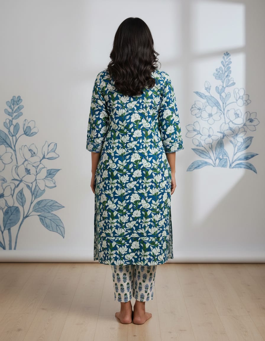 Cotton Floral Printed Co-ord Set-Turquoise Blue