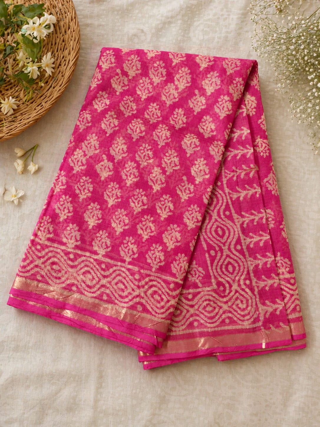 Hand Block Printed Kota Doria Sarees- Intense Pink