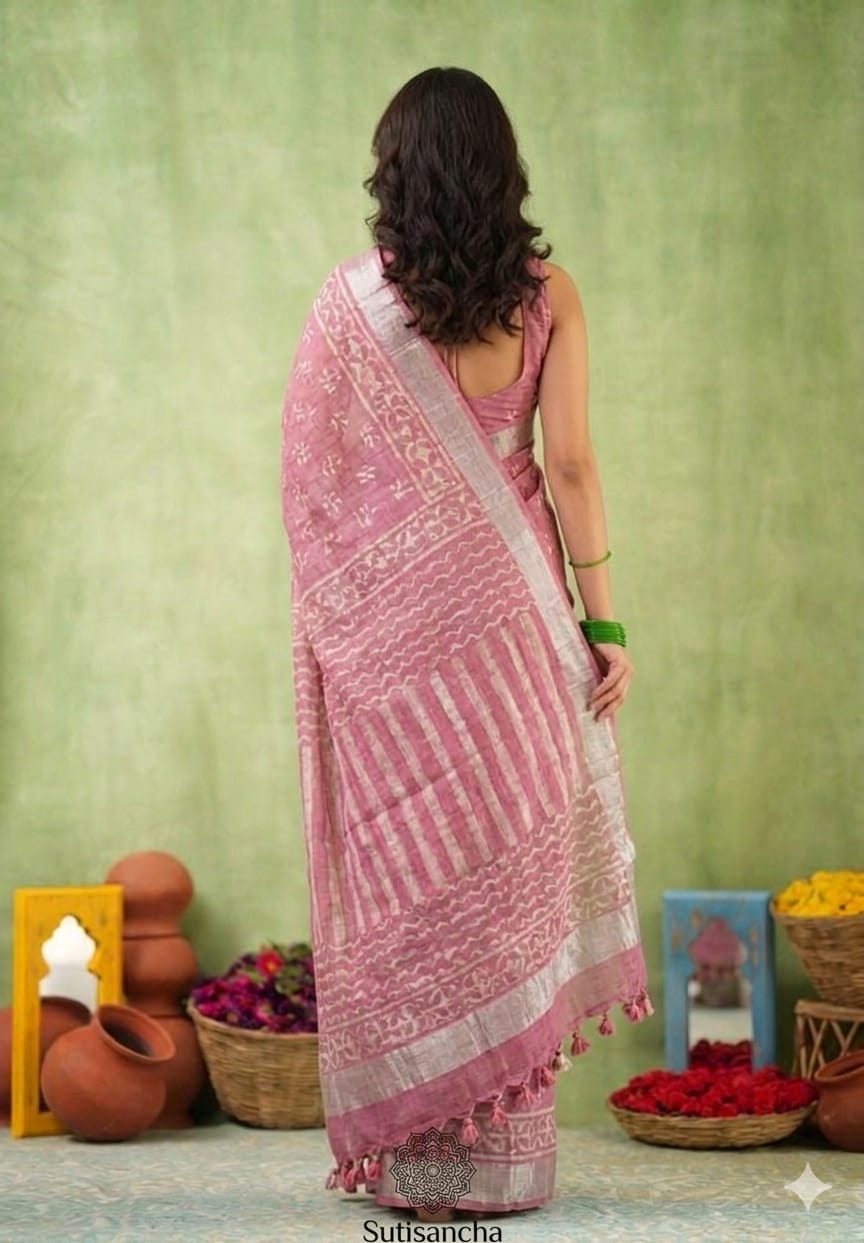 Block Print Saree with Zari Border-Dusty Pink