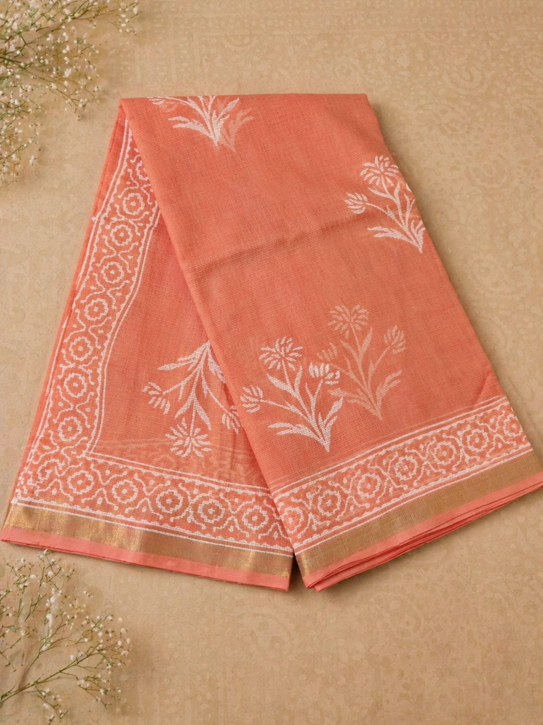Hand Block Printed Kota Doria Sarees- Subtle Peach
