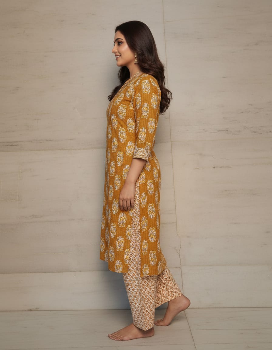 Cotton Floral Printed Co-ord Set-Ochre Yellow
