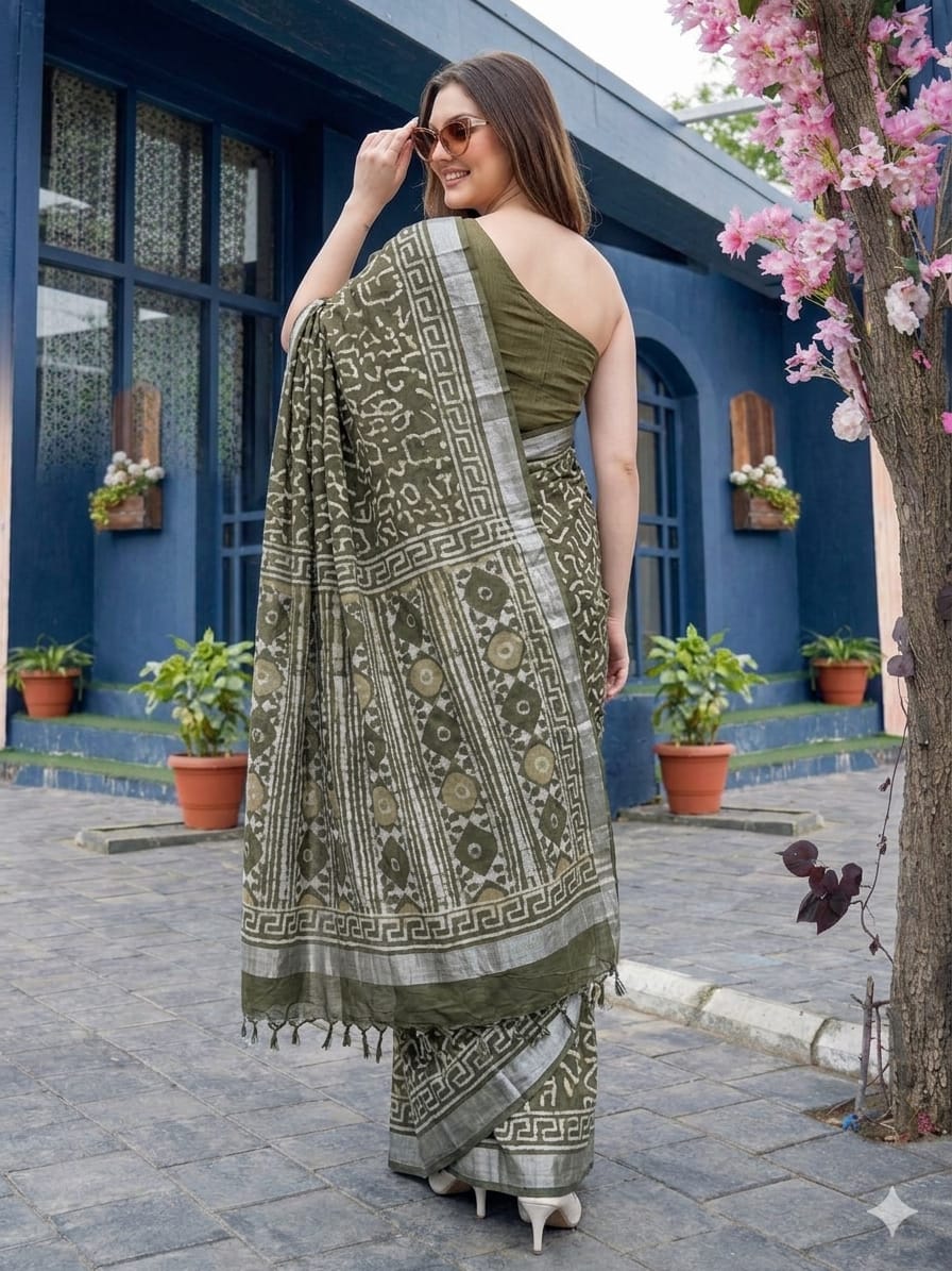 Block Print Saree with Zari Border-Olive
