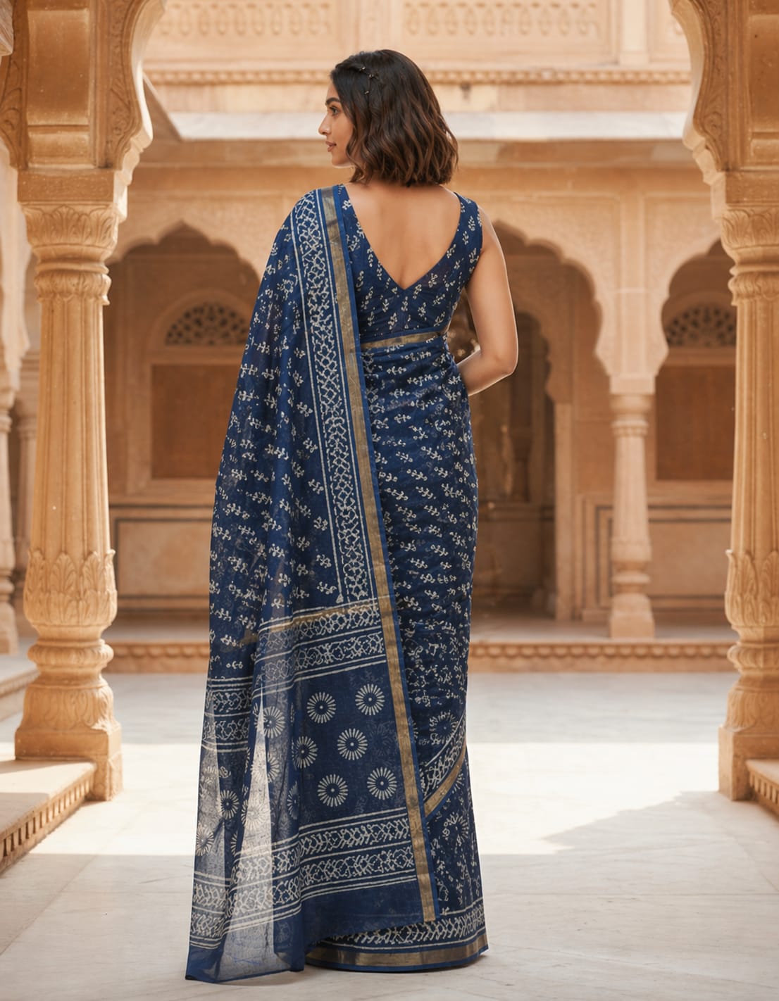 Hand Block Printed Kota Doria Sarees- Indigo Magic