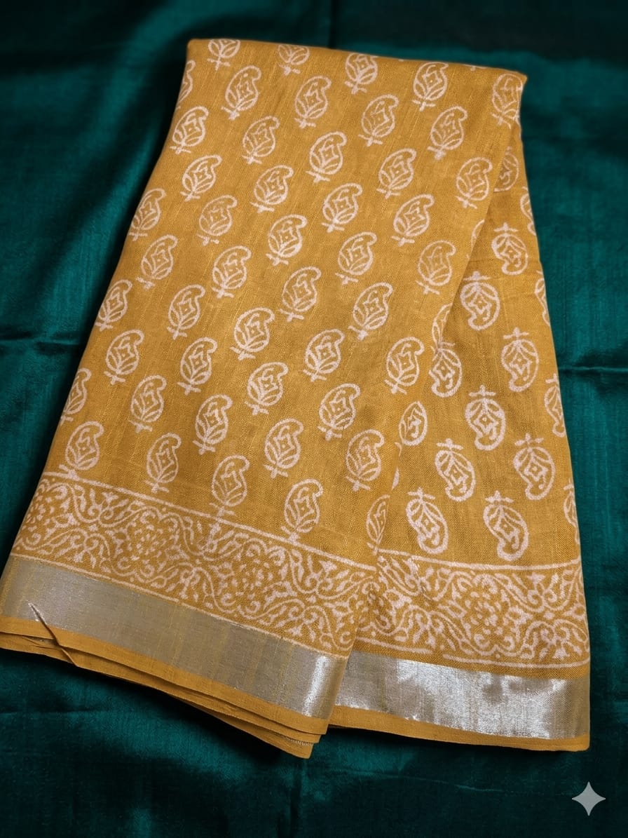 Block Print Saree with Zari Border-Mustard Yellow