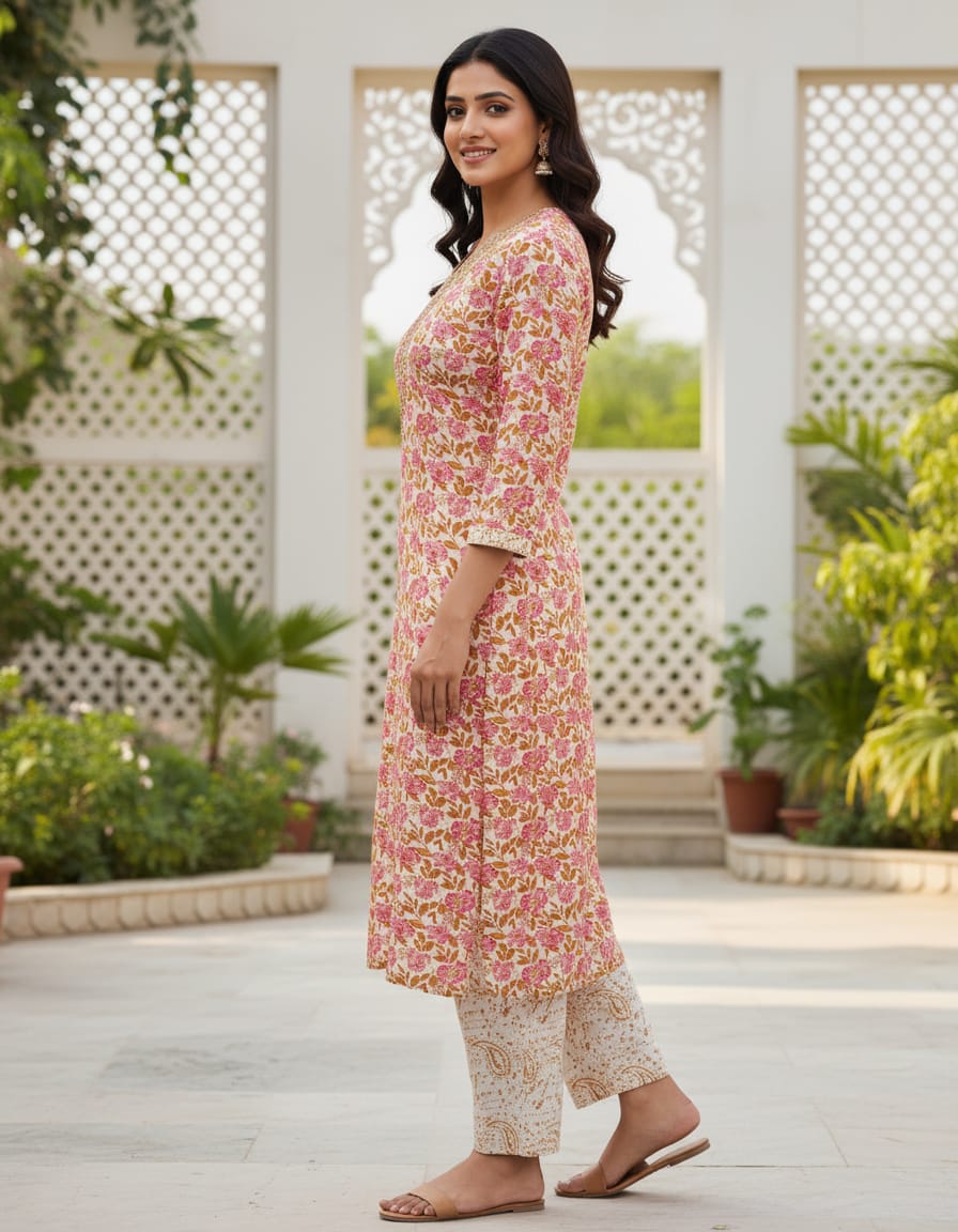 Cotton Floral Printed Co-ord Set- Garden Pink